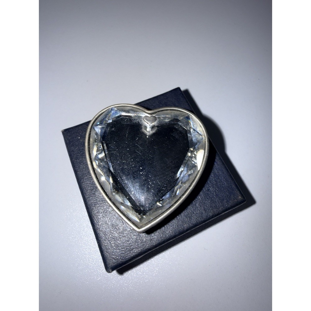 Pewter Tone Finish Hinged Lid Heart Jewelry Trinket Box Mini Crystal Heart Top